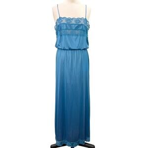 Flair Size M Nightgown Vintage Teal Blue Lace Trim Blouson Maxi Length USA Made